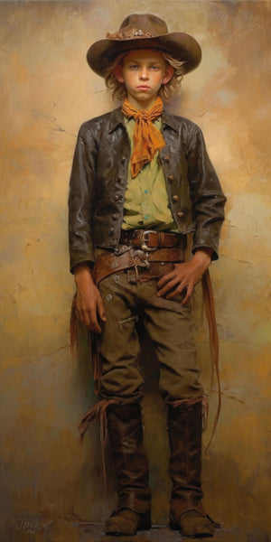 Oil painting portrait of a young boy in full frontier cowboy attire, including a wide-brimmed brown hat, dark leather jacket with brass buttons, green shirt, orange bandana, fringed chaps, leather gun belt, and tall boots, standing in a confident pose against a warm golden ochre textured background.