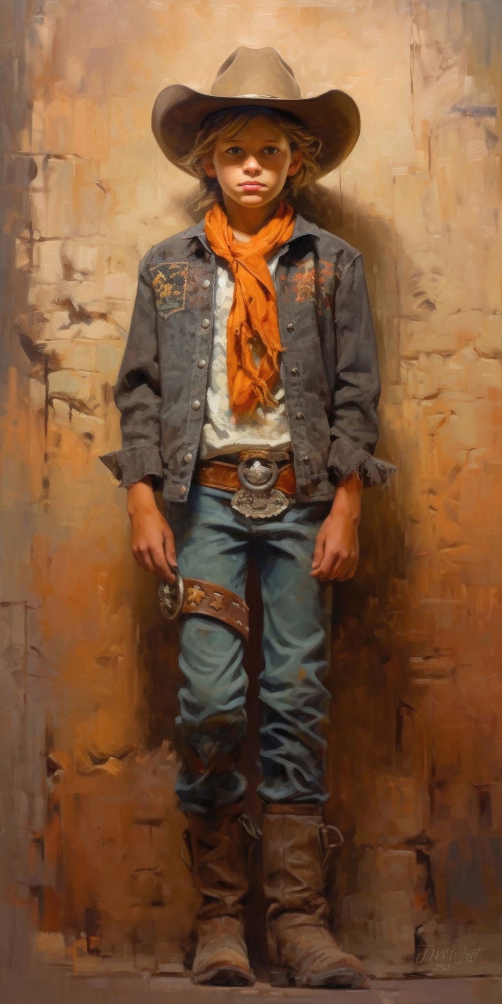 Oil-style portrait painting of a young boy in full Western cowboy attire including a wide-brimmed tan hat, orange bandana, silver concho belt buckle, blue jeans, leather chaps, and brown cowboy boots, standing confidently against a warm adobe-toned impressionistic background.
