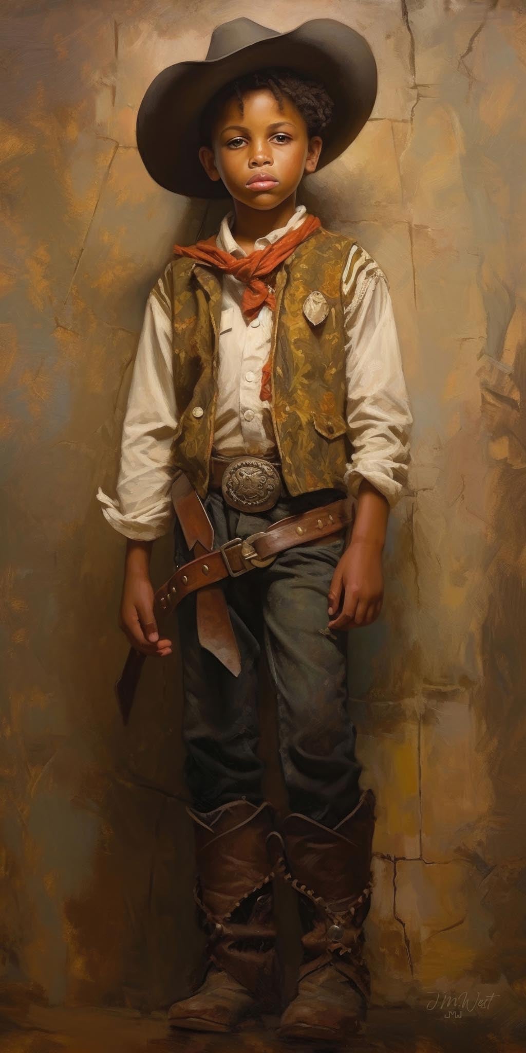 Oil painting portrait of a young Black boy in full Western cowboy attire, including a wide-brimmed gray hat, white shirt, ornate patterned vest, red bandana, leather belt with silver buckle, holster, dark trousers, and brown cowboy boots. He stands confidently against a warm golden textured background with a composed, earnest expression. Painted in a classical portraiture style with expressive brushwork.