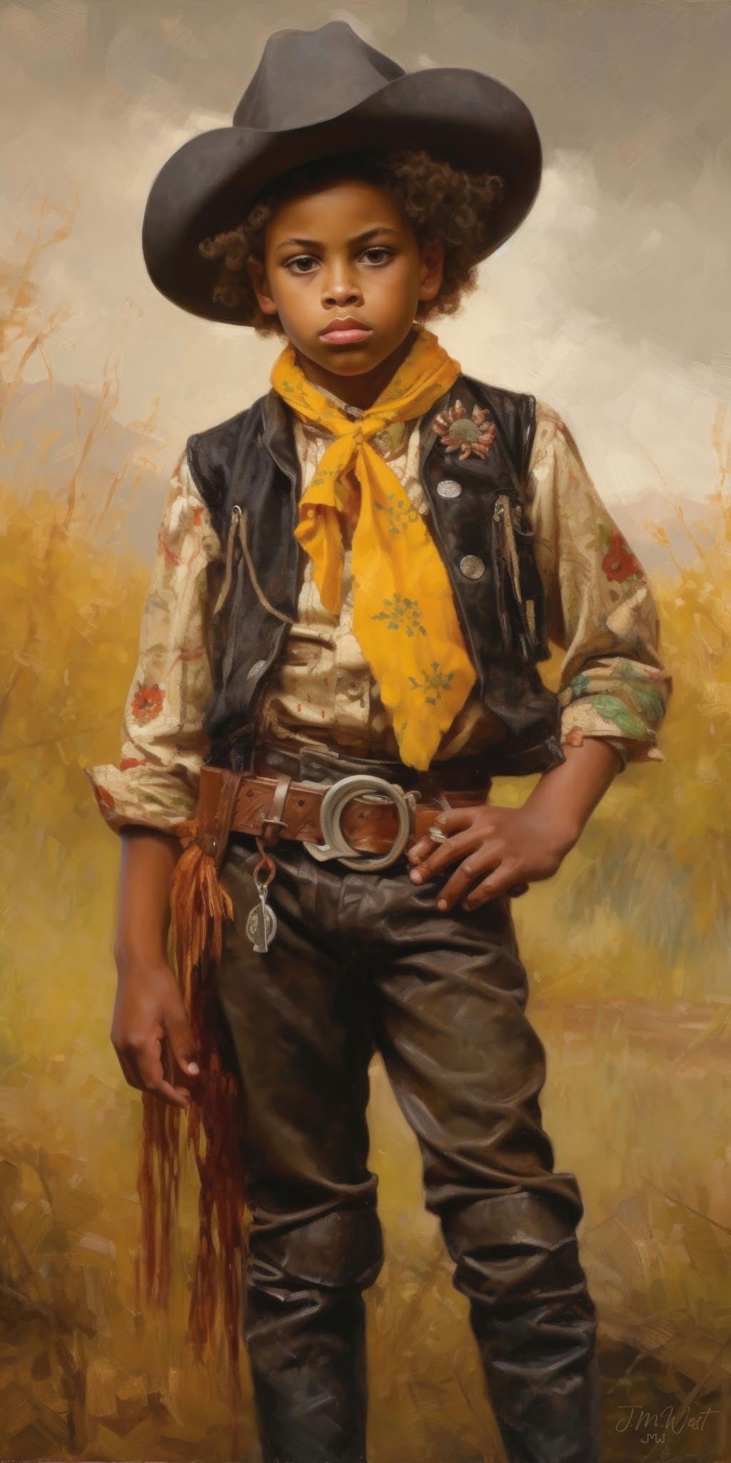 Oil-style painted portrait of a young Black child in full cowboy attire — dark wide-brimmed hat, floral frontier shirt, black leather vest, yellow bandana, fringed leather chaps, silver belt buckle, and tall dark boots — standing confidently against a warm golden prairie background with dramatic cloudy skies.