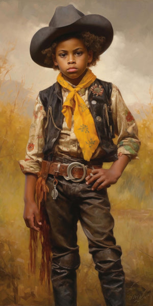 Oil-style painted portrait of a young Black child in full cowboy attire — dark wide-brimmed hat, floral frontier shirt, black leather vest, yellow bandana, fringed leather chaps, silver belt buckle, and tall dark boots — standing confidently against a warm golden prairie background with dramatic cloudy skies.