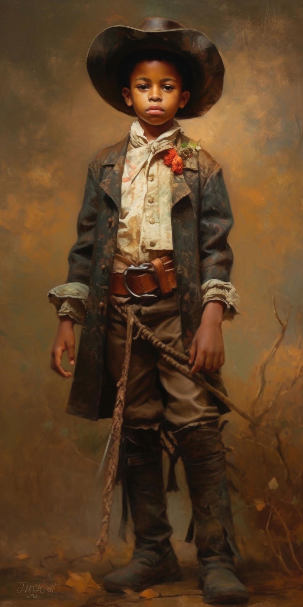 Oil portrait of a young Black boy dressed in frontier Western costume including a wide-brimmed cowboy hat, ornate long coat, ruffled shirt with floral boutonniere, and worn trousers, holding a lasso, standing confidently against a warm amber and ochre painterly background with subtle dried branches.