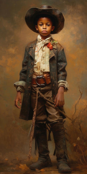 Oil portrait of a young Black boy dressed in frontier Western costume including a wide-brimmed cowboy hat, ornate long coat, ruffled shirt with floral boutonniere, and worn trousers, holding a lasso, standing confidently against a warm amber and ochre painterly background with subtle dried branches.
