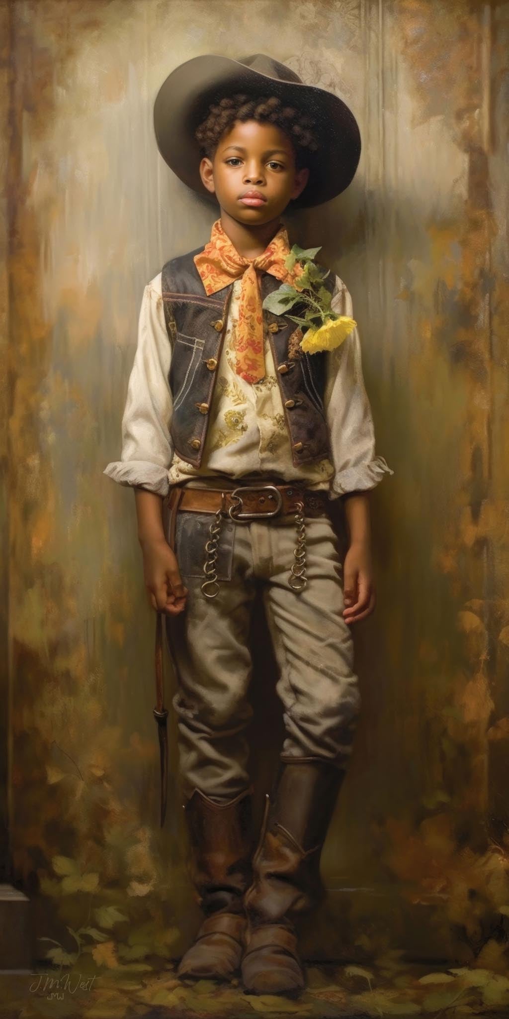 Oil painting-style portrait of a young African American boy dressed in full Western cowboy attire including a wide-brimmed hat, brass-buttoned denim vest, floral neckerchief, white linen shirt, leather belt, and boots, with a yellow sunflower tucked into his vest pocket, standing confidently against a warm golden-brown painterly background.