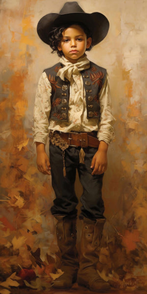 Oil painting portrait of a young Latino boy in traditional vaquero attire, including a black wide-brimmed hat, embroidered vest with metal buttons, white floral shirt, tasseled leather belt, dark trousers, and tall leather boots, standing confidently against a warm autumn-toned textured background with fallen leaves at his feet.