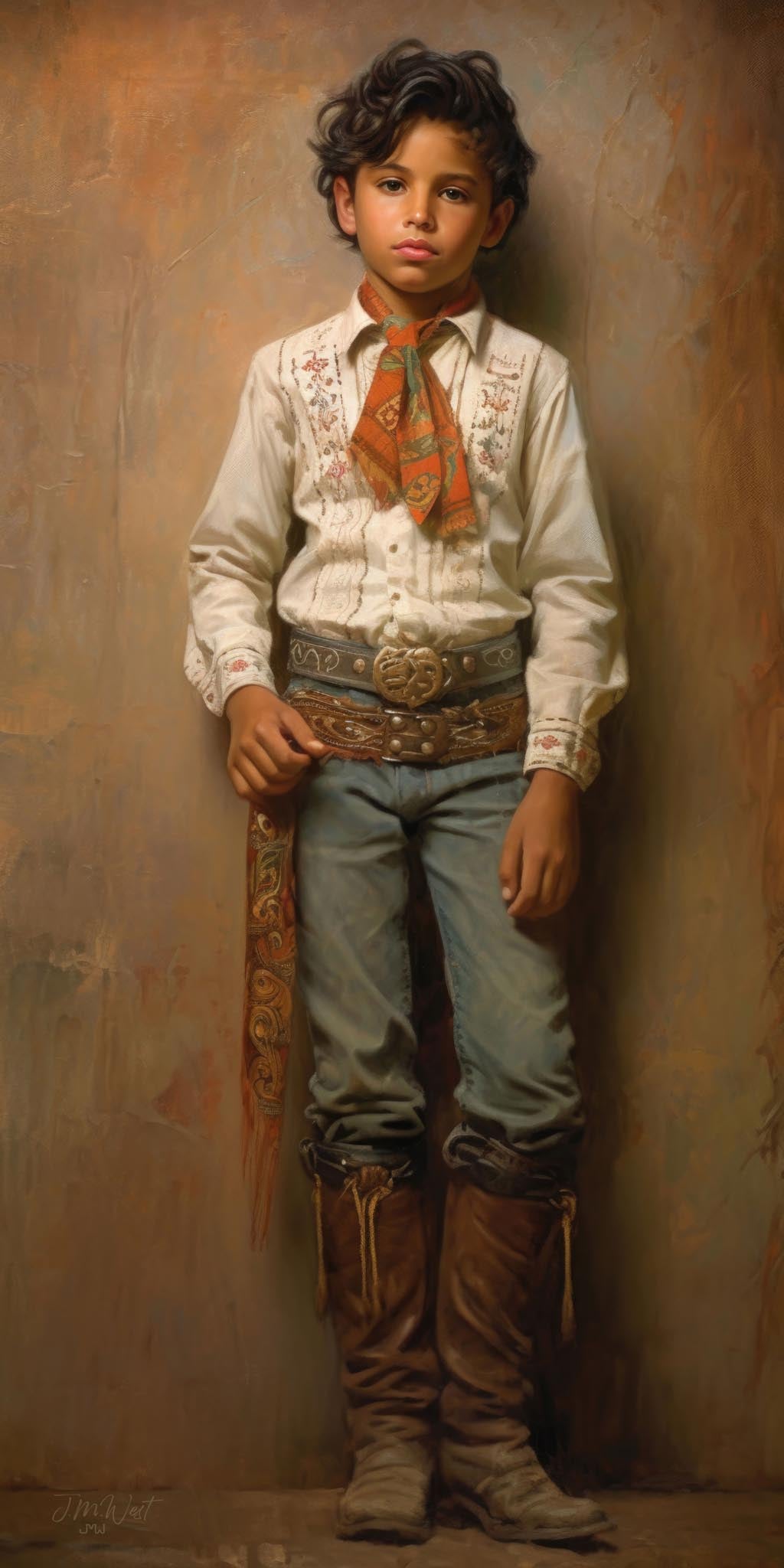 Oil painting portrait of a young Latino boy dressed in charro-inspired Western attire including an embroidered white shirt, ornate tooled leather belt with decorative buckle, blue jeans, tall brown leather boots, and a red and green patterned neckerchief, holding a decorative serape against a warm earth-tone background, by artist Jay Bryant Ward.