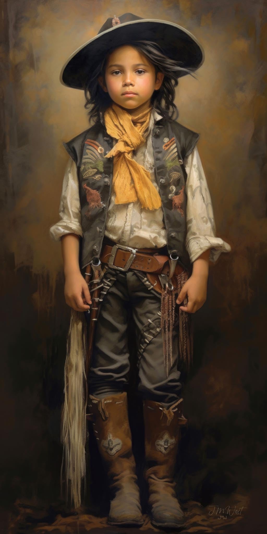 Oil-style fine art portrait painting of a young child dressed in full Western vaquero costume, including a wide-brimmed black hat, colorfully embroidered vest, golden yellow neck scarf, white ruffled shirt, leather gun belt with holsters, fringed chaps, and decorated cowboy boots, standing confidently against a warm golden-brown studio background with dramatic Old Masters-style lighting. Artist signature visible in lower right corner.