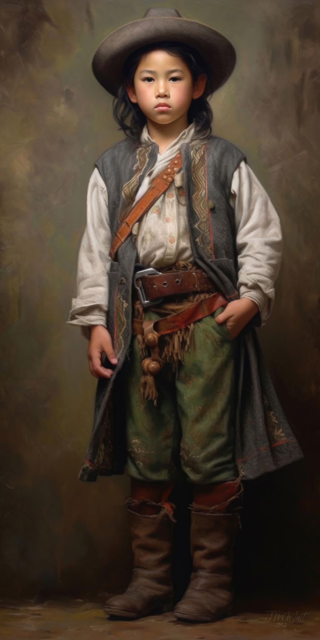Oil painting style portrait of a young Asian child standing confidently in layered frontier and traditional clothing including a wide-brimmed felt hat, embroidered vest, white linen shirt, green breeches, decorative sash with tassels, and worn leather boots, set against a warm, moody earth-toned background in the style of Old Masters portraiture.