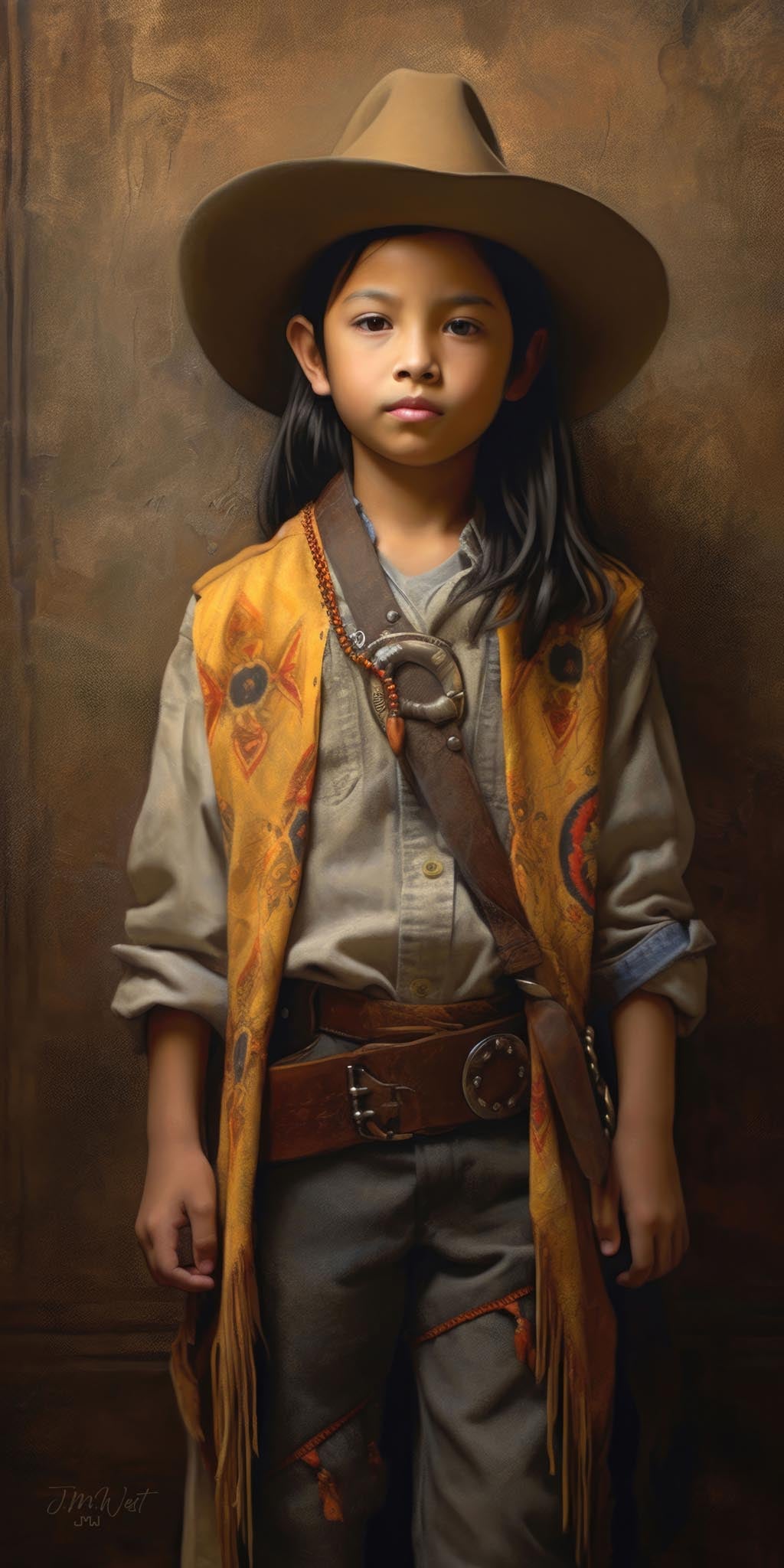 Digitally painted fine art portrait of a young Native American or Hispanic child wearing a wide-brimmed tan cowboy hat, fringed yellow vest with red and orange Southwestern geometric motifs, a leather gun belt, and a beaded horseshoe necklace, set against a warm earthy brown background in a classic Western portrait style.