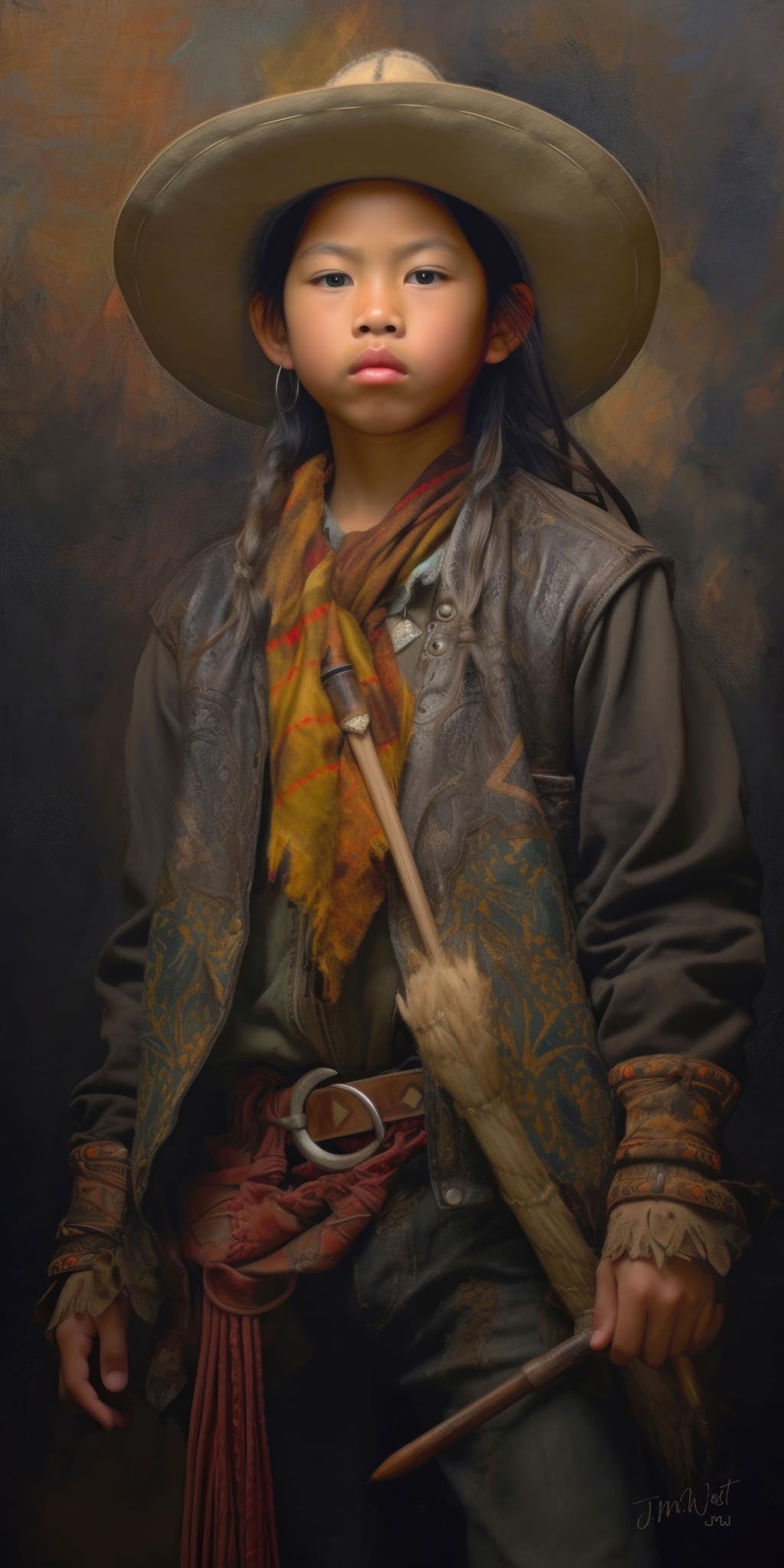 Classical realist oil painting portrait of a young child in American frontier attire — wide-brimmed hat, ornate leather vest with decorative stitching, colorful patterned scarf, braided hair, and leather belt — holding a wooden staff and gazing directly at the viewer against a warm amber and brown painterly background. Art print by Jay Bryant Ward.