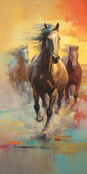 Oil-style painting of three galloping horses — a golden buckskin at center with teal-streaked mane, a palomino at left, and a chestnut at right — charging toward the viewer against a vibrant abstract background of warm oranges, yellows, and turquoise brushwork with swirling dust at their hooves.