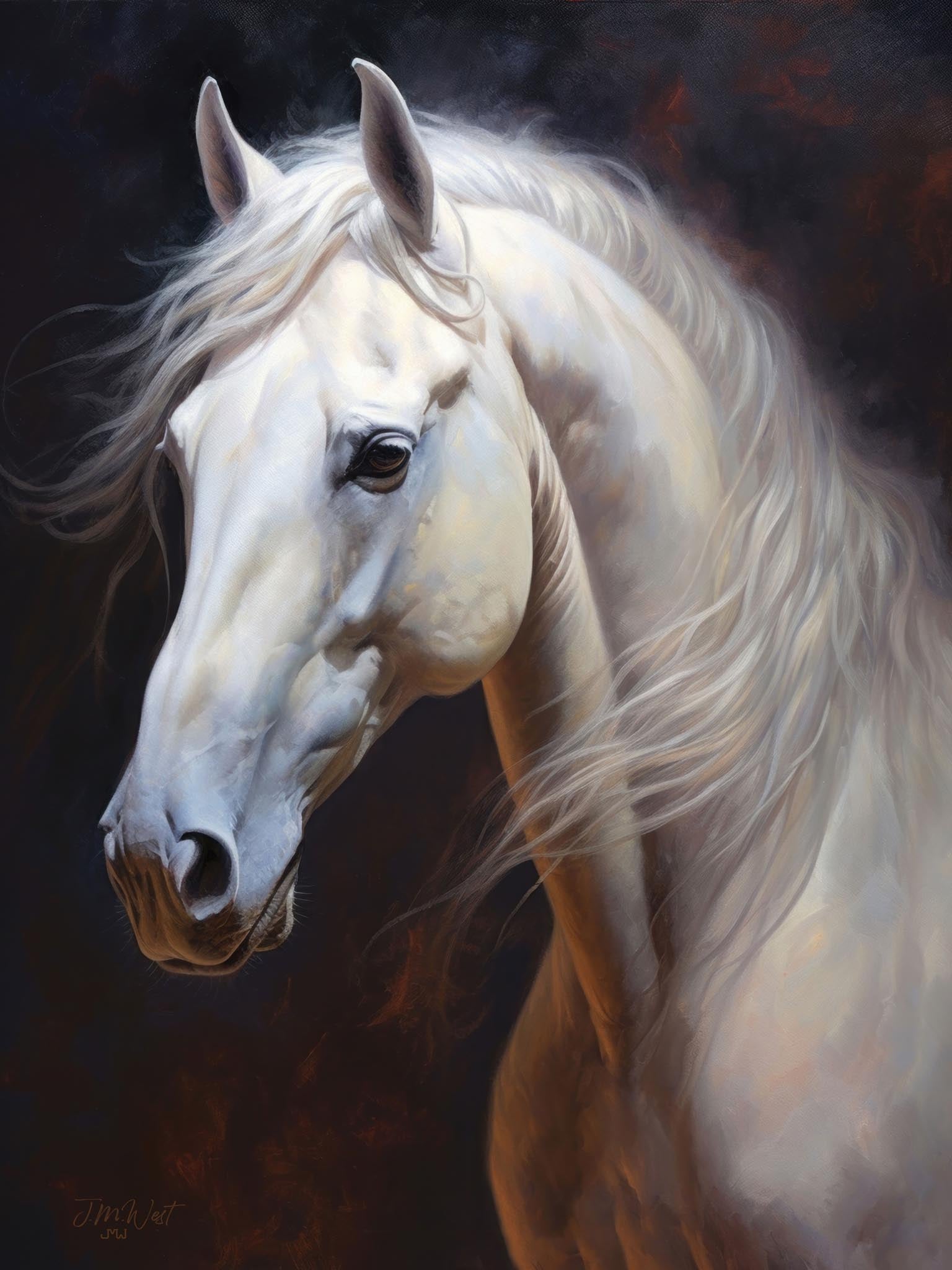 Head-and-shoulders portrait of a white horse against a dark background, showcasing its elegance and grace.