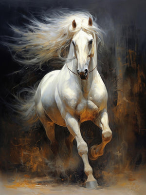 White horse galloping into the light, demonstrating power and elegance in motion.