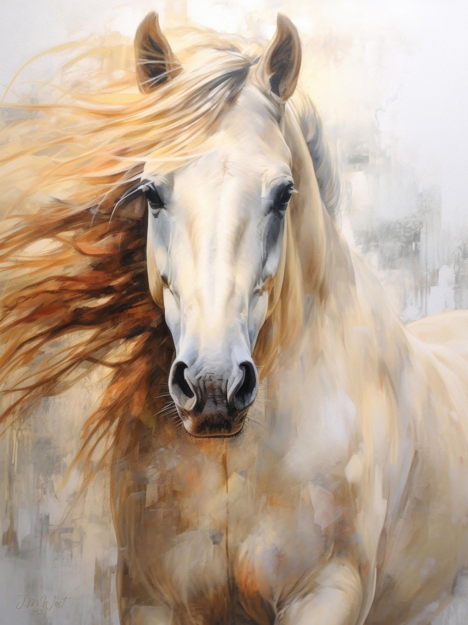 Elegant white horse with a flowing mane in a classic Western setting, portrayed in an oil painting.