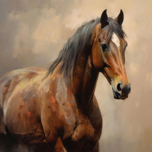 Classic oil painting of a brown horse with a white marking, highlighting its grace and the timeless beauty of equestrian life.