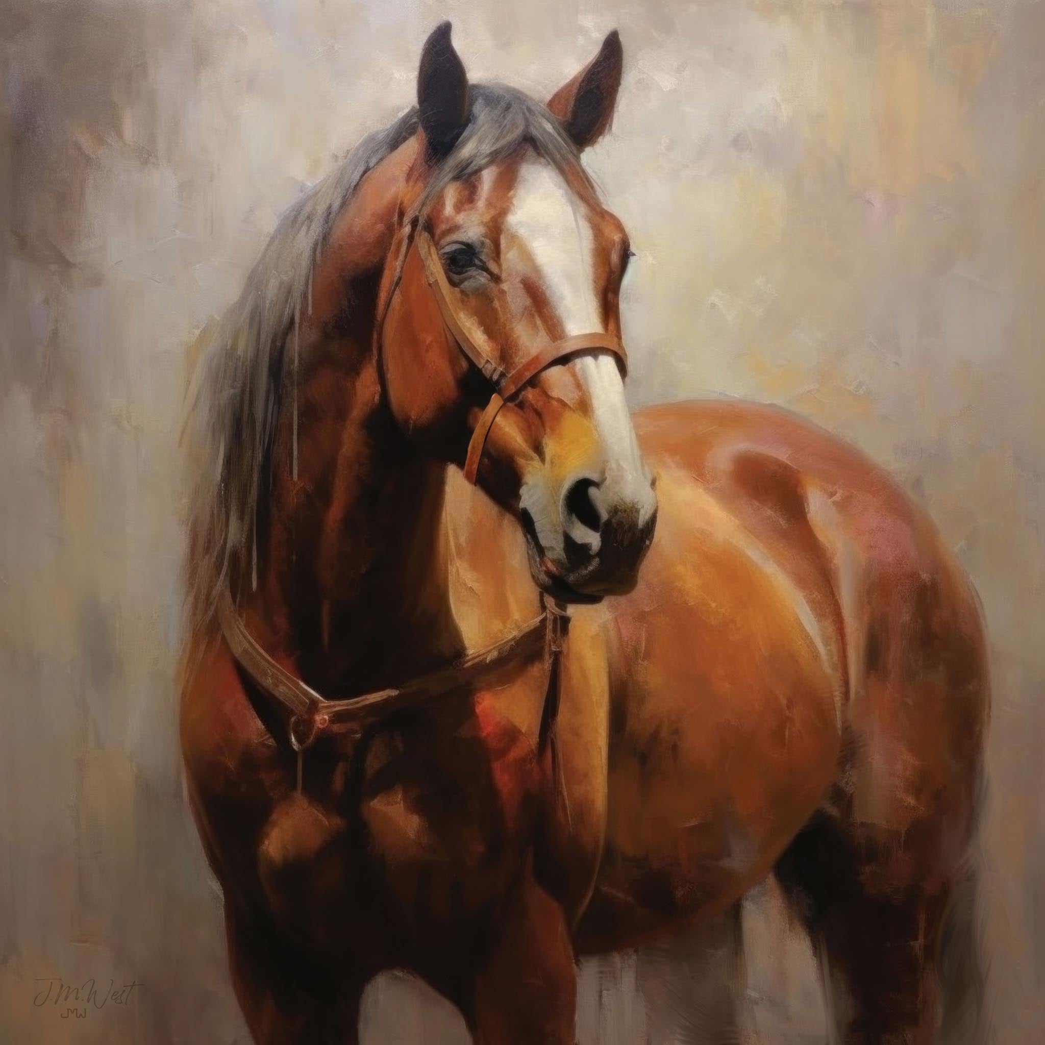 Classic oil painting of a brown horse with a white marking, emphasizing its strength and timeless beauty in equestrian art.