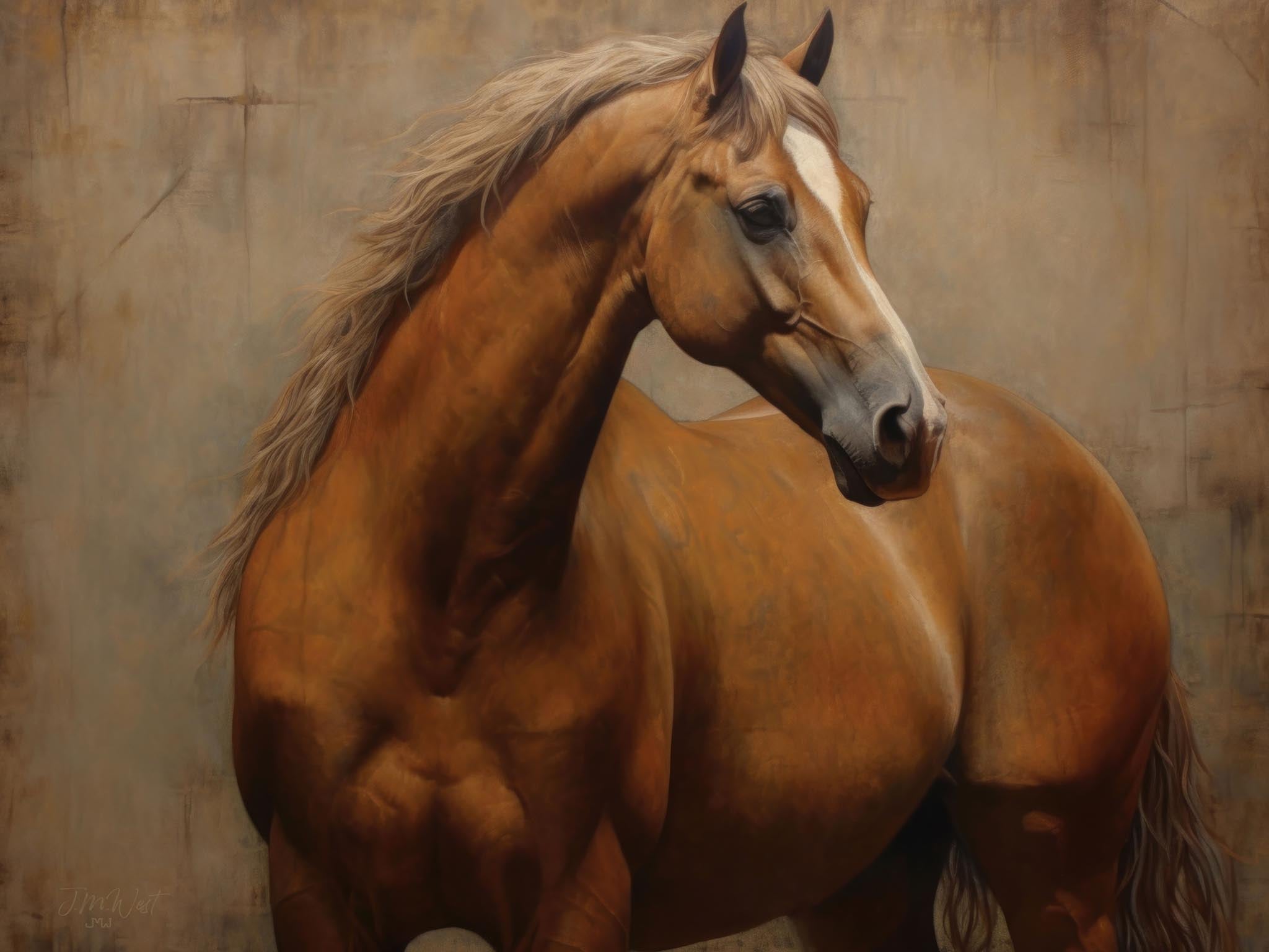 Brown horse with a white marking in a classic Western setting, depicted in an oil painting.