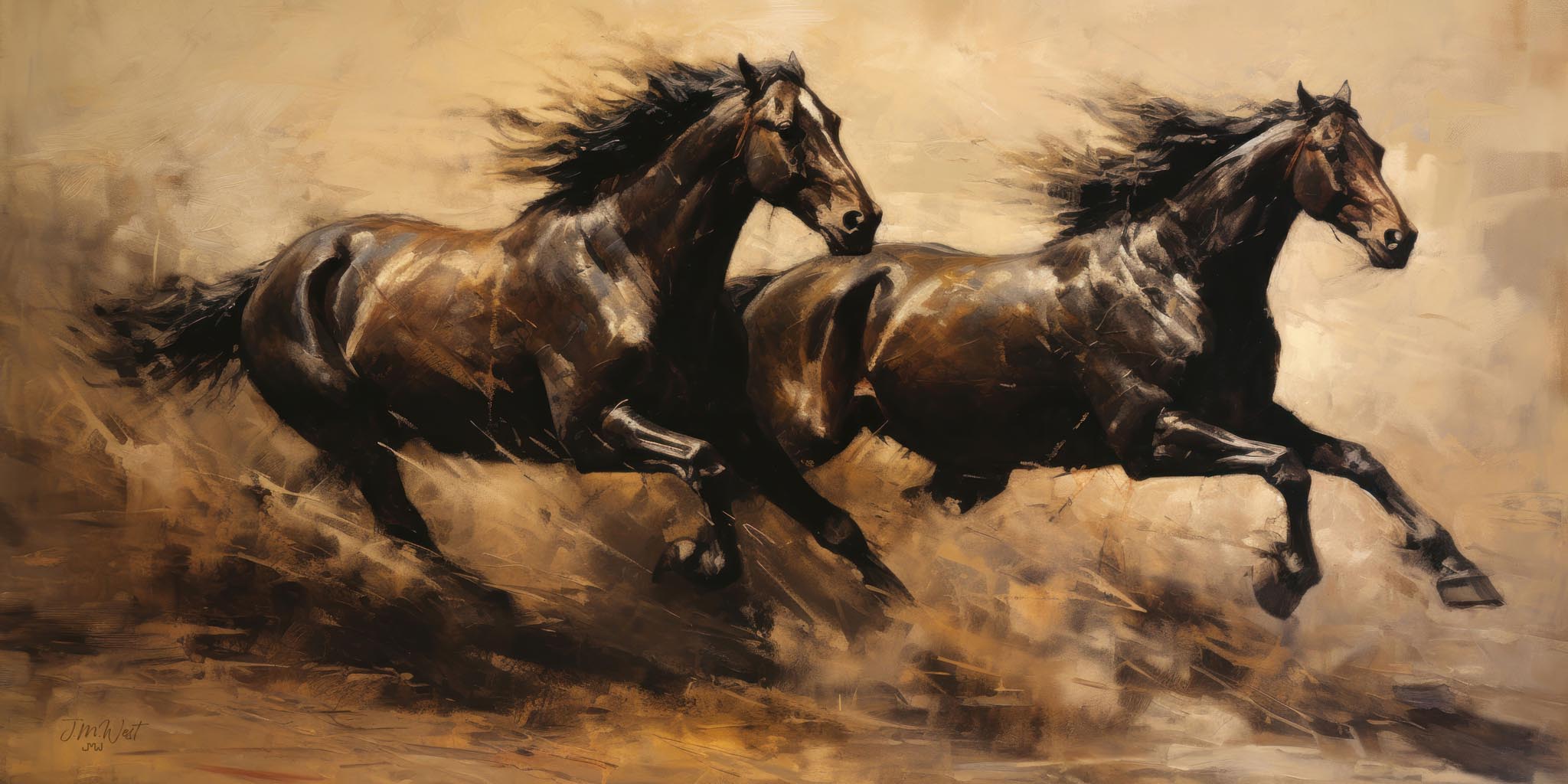Oil-style painting of two dark bay horses galloping side by side at full speed, manes and tails streaming, dust rising beneath their hooves, rendered in warm sepia and umber tones with expressive brushwork against a hazy golden-tan background.
