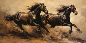 Oil-style painting of two dark bay horses galloping side by side at full speed, manes and tails streaming, dust rising beneath their hooves, rendered in warm sepia and umber tones with expressive brushwork against a hazy golden-tan background.