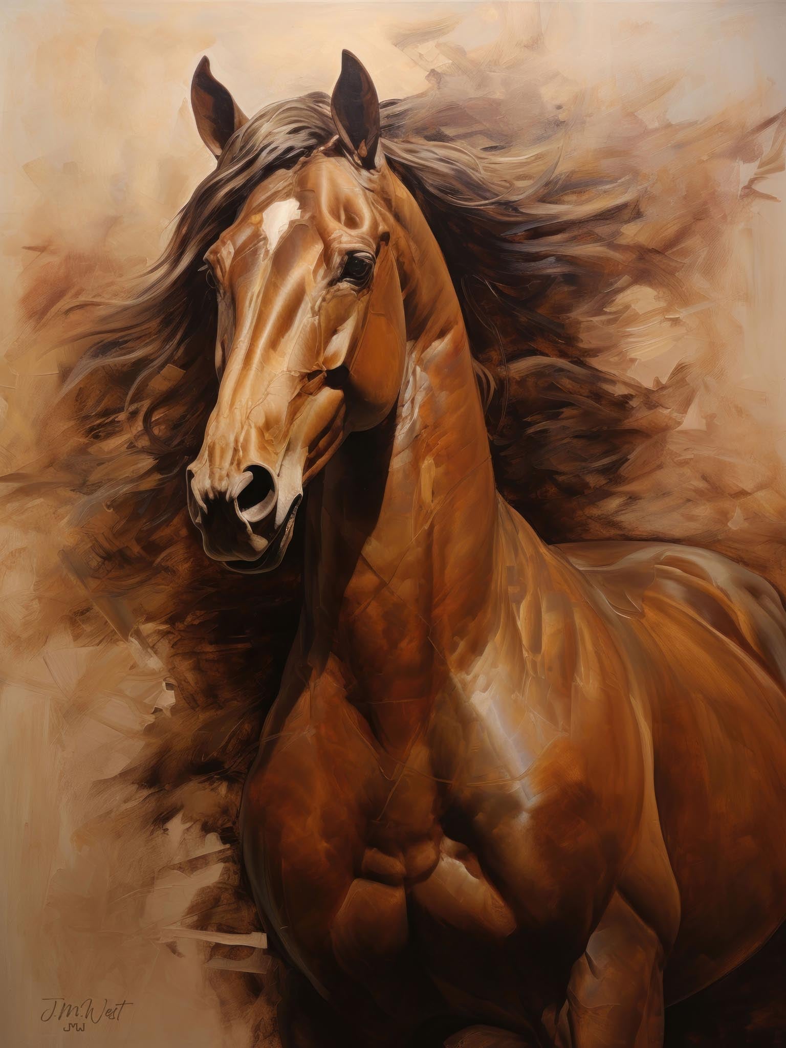 Brown horse with a flowing mane in a classic Western setting, depicted in an oil painting.