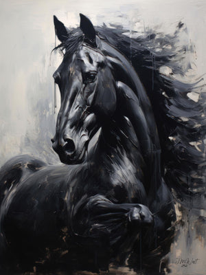 Black Arabian horse with a flowing mane in a painterly style, depicted in an oil painting against a Western background.