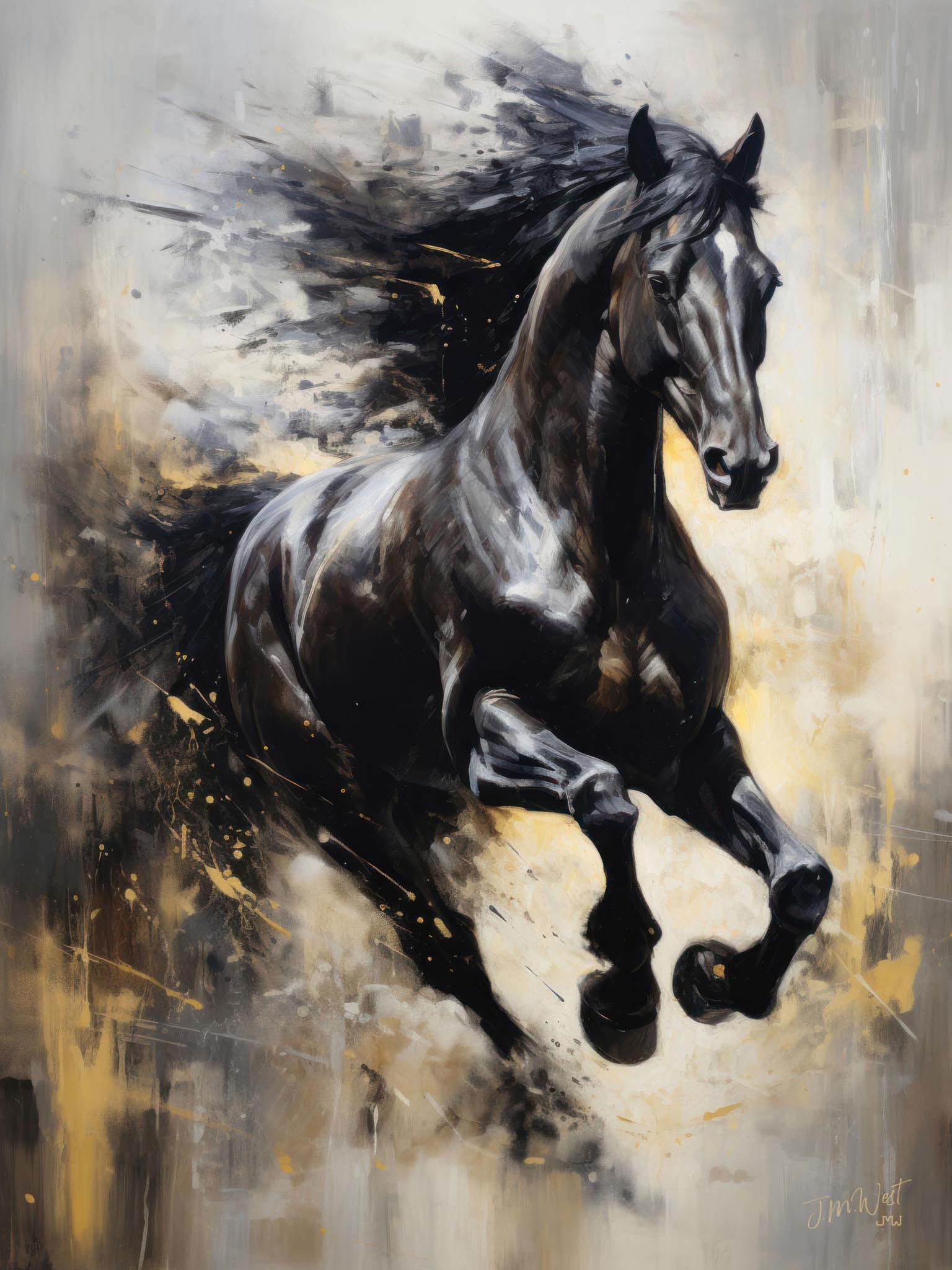 Black stallion galloping with a painterly style and artistic backdrop, captured in an impasto oil painting.