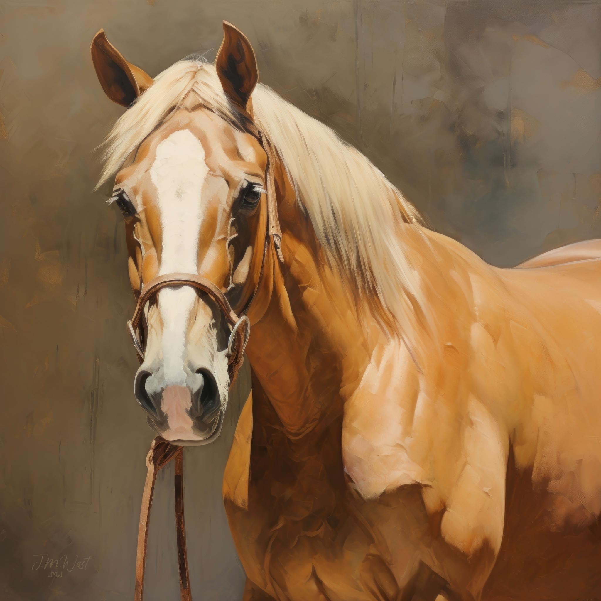 Oil painting of a caramel-colored horse with a light face and mane, highlighting the elegance and bond between equine and rider.