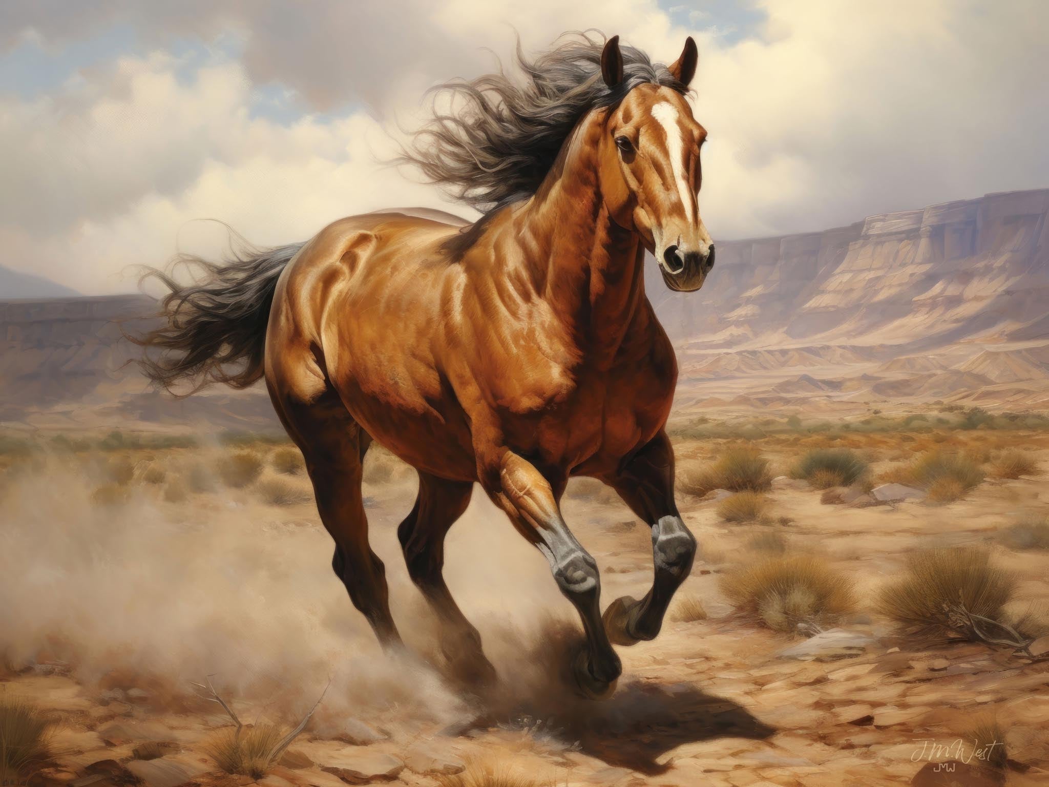 Galloping horse on a Western trail captured in an oil painting, showcasing the animal’s motion and natural beauty.