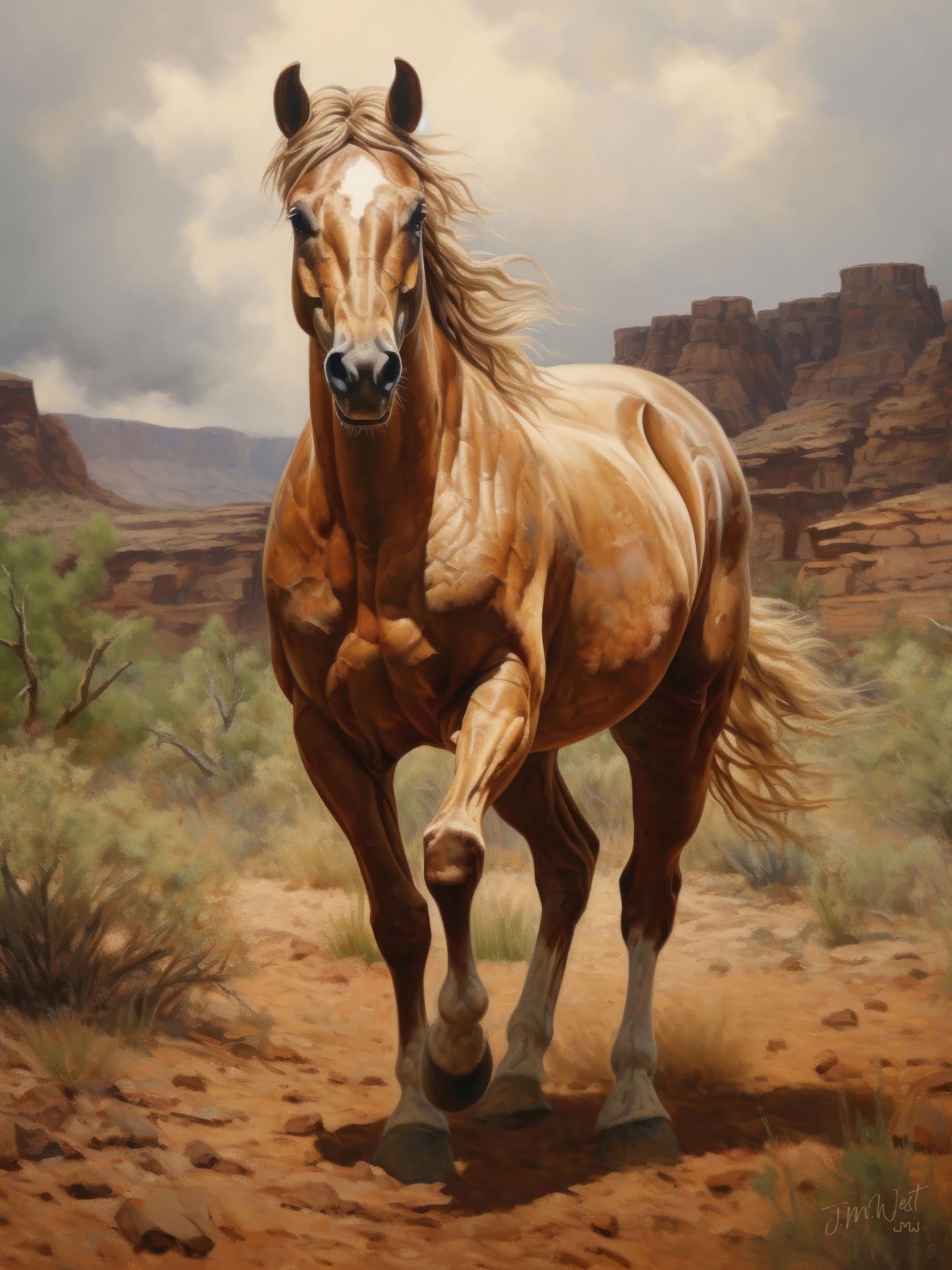 Full-body portrait of a horse posed against a Western backdrop, emphasizing its grace and the rugged landscape.