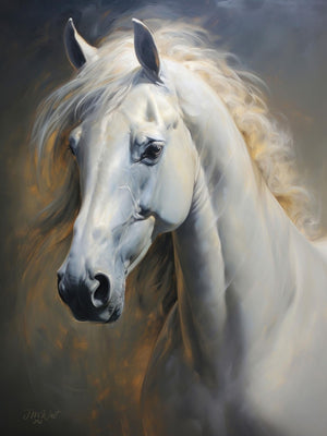 Head and shoulders portrait of a white Arabian horse, highlighting its elegance and the detailed features of its bridle and mane.