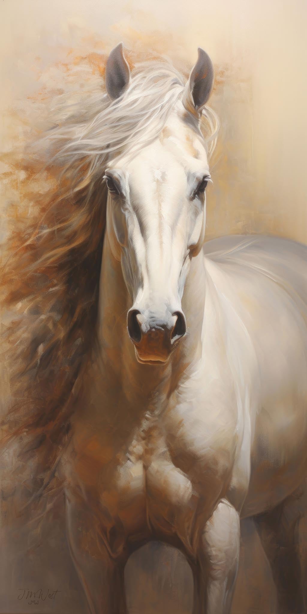 Oil painting portrait of a white and palomino horse facing forward, with a flowing silver-white mane swept to one side, rendered in warm golden and cream tones with loose, painterly brushwork against a softly blurred background.