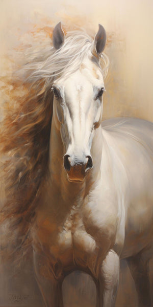 Oil painting portrait of a white and palomino horse facing forward, with a flowing silver-white mane swept to one side, rendered in warm golden and cream tones with loose, painterly brushwork against a softly blurred background.