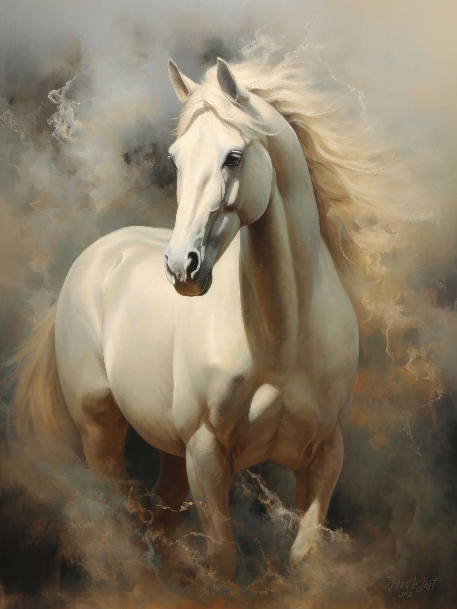 Classic posed portrait of a white horse against a grey background, emphasizing the horse's serene expression and elegant features.