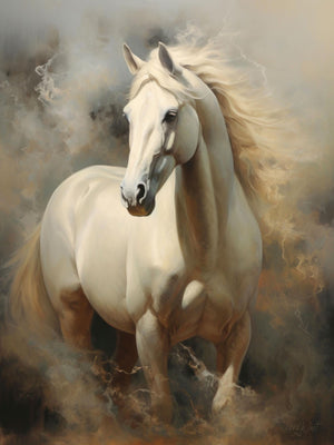 Classic posed portrait of a white horse against a grey background, emphasizing the horse's serene expression and elegant features.