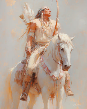 Oil-style painting of a Native American warrior seated on a white horse with colorful ceremonial tack. The warrior wears layered bead necklaces, a fringed white garment, arm wraps, and a feathered headband, and carries a bow and quiver of arrows. His gaze is lifted upward with a noble expression. Warm cream, amber, and sienna tones against a soft neutral background.