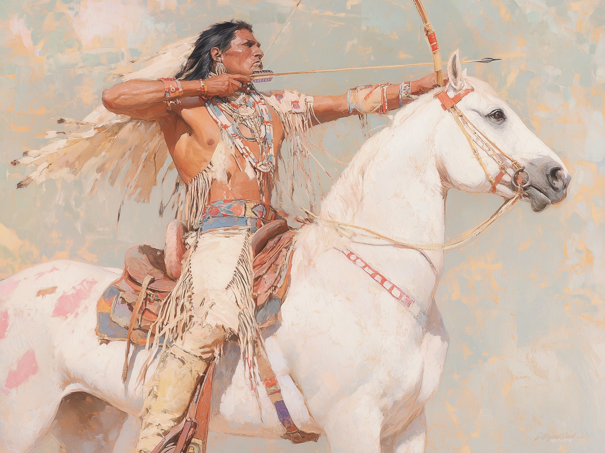 Oil-style painting of a Native American warrior mounted on a white pinto horse, drawing a bow and arrow with focused intensity, wearing fringed leather leggings, beaded necklaces, and feathered headdress elements against a warm impressionistic background in sage, cream, and terracotta tones.
