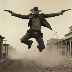 Sepia-toned art print of a male gunslinger mid-leap on a dusty Old West main street, arms outstretched holding two revolvers, wearing a wide-brim cowboy hat, duster coat, and gun belt, with dust clouds rising against a backdrop of period frontier buildings.