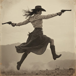 Sepia-toned vintage-style art print of a female gunslinger mid-leap in a desert landscape, wearing a wide-brimmed cowboy hat, frontier shirt, dark skirt, and knee-high boots, holding two revolvers outstretched with mountains in the background.