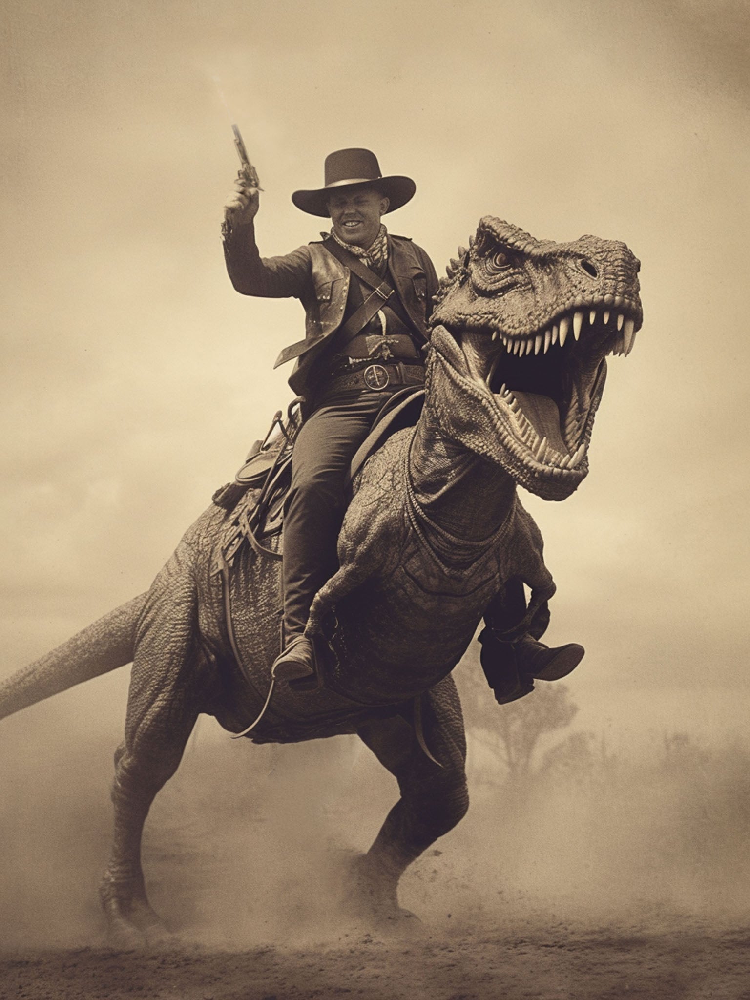 Sepia-toned vintage-style art print showing a grinning cowboy in wide-brim hat, leather vest, and bandolier riding a saddled Tyrannosaurus Rex through a dusty, fog-filled frontier landscape while raising a revolver, styled to resemble an antique daguerreotype photograph.