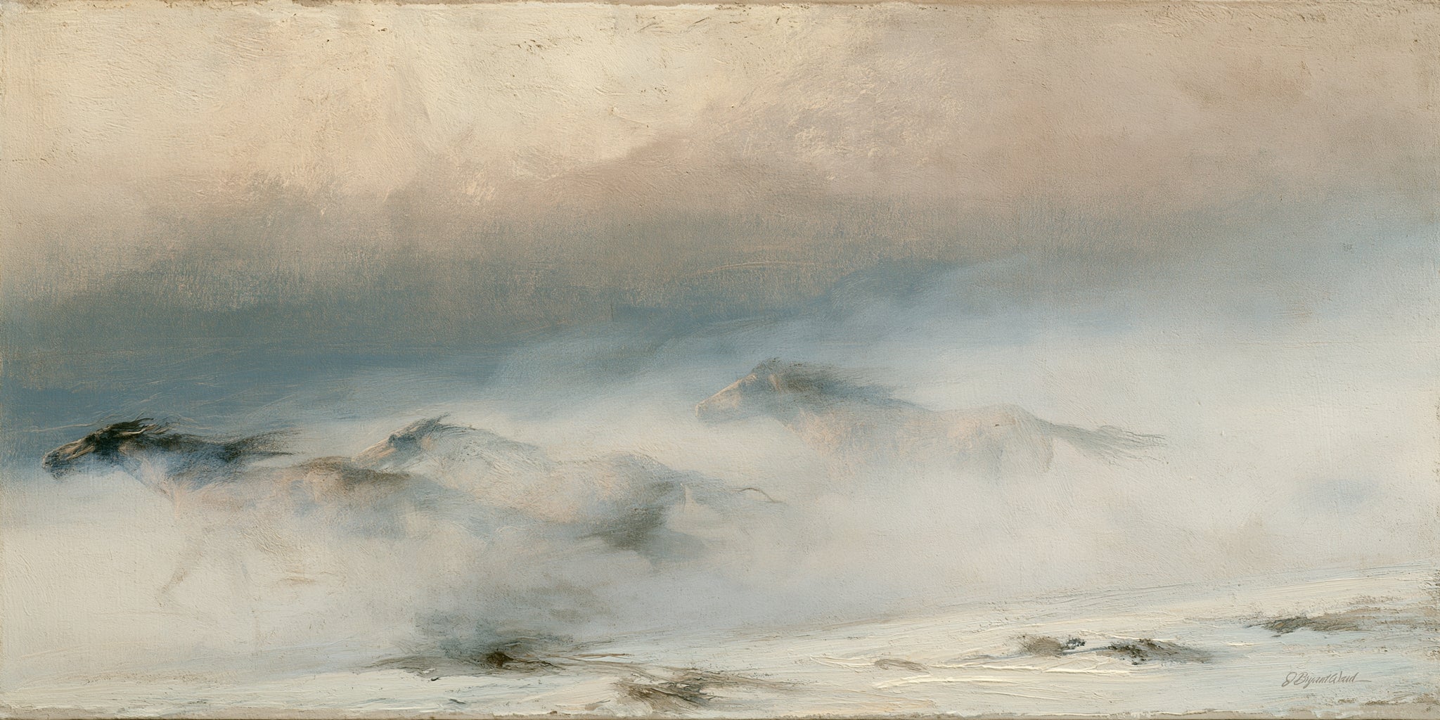 Impressionistic fine art print of a herd of wild horses galloping at full speed through a swirling blizzard, partially obscured by snow and mist, painted in muted tones of cream, grey, blue, and taupe with a stormy sky of cool greys and dusty pinks above.