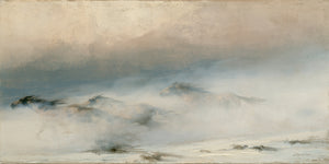 Impressionistic fine art print of a herd of wild horses galloping at full speed through a swirling blizzard, partially obscured by snow and mist, painted in muted tones of cream, grey, blue, and taupe with a stormy sky of cool greys and dusty pinks above.